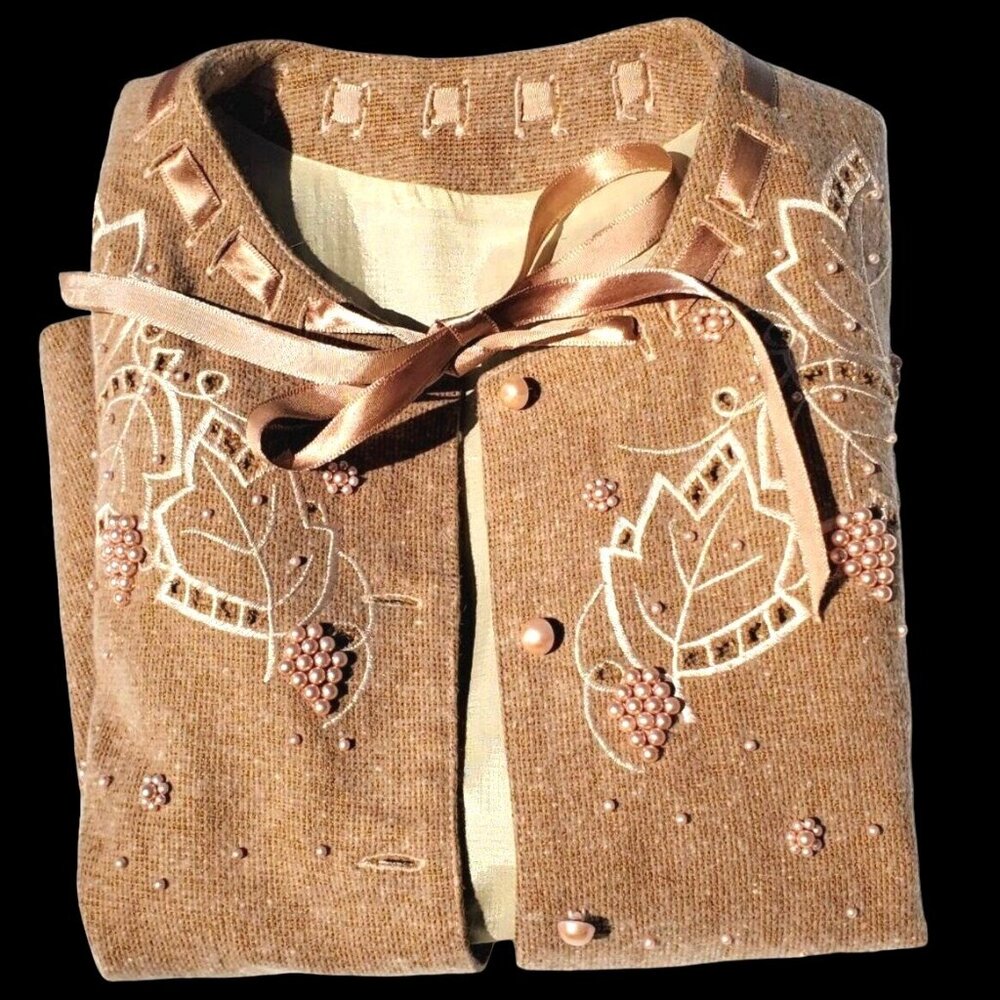 Vintage 90s Cardigan Jacket Pearl Embellished Beige Wool 6 Small - Picture 2 of 13